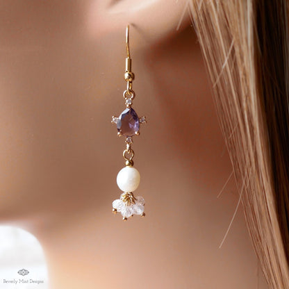 Gold Cluster Drop Earrings, Purple and Pearl Dangle Earrings, Elegant Long Earrings, Sensitive Ear & Clip-On Options