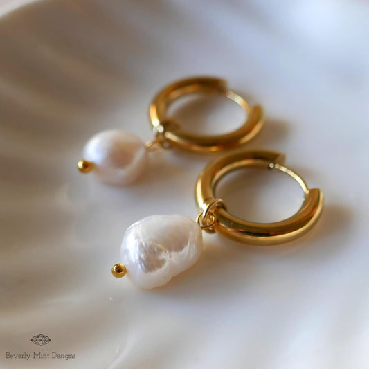 Gold Hoop Earrings with White Baroque Pearl Beads, Minimalist Pearl Dangle Earrings, Elegant Statement Jewelry, Classic