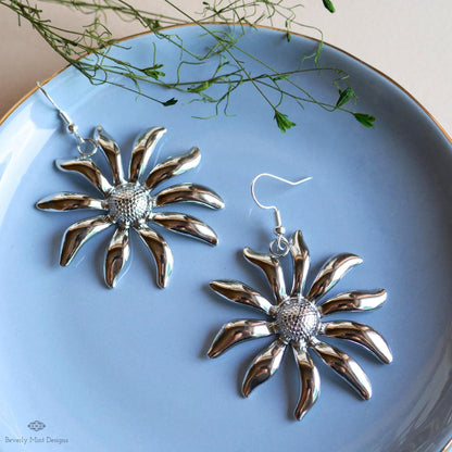 Silver Flower Earrings, Extra Large Statement Earrings, Bold Petal Dangle Earrings, Heavy Floral Jewelry, Sensitive Ear & Clip-On Options