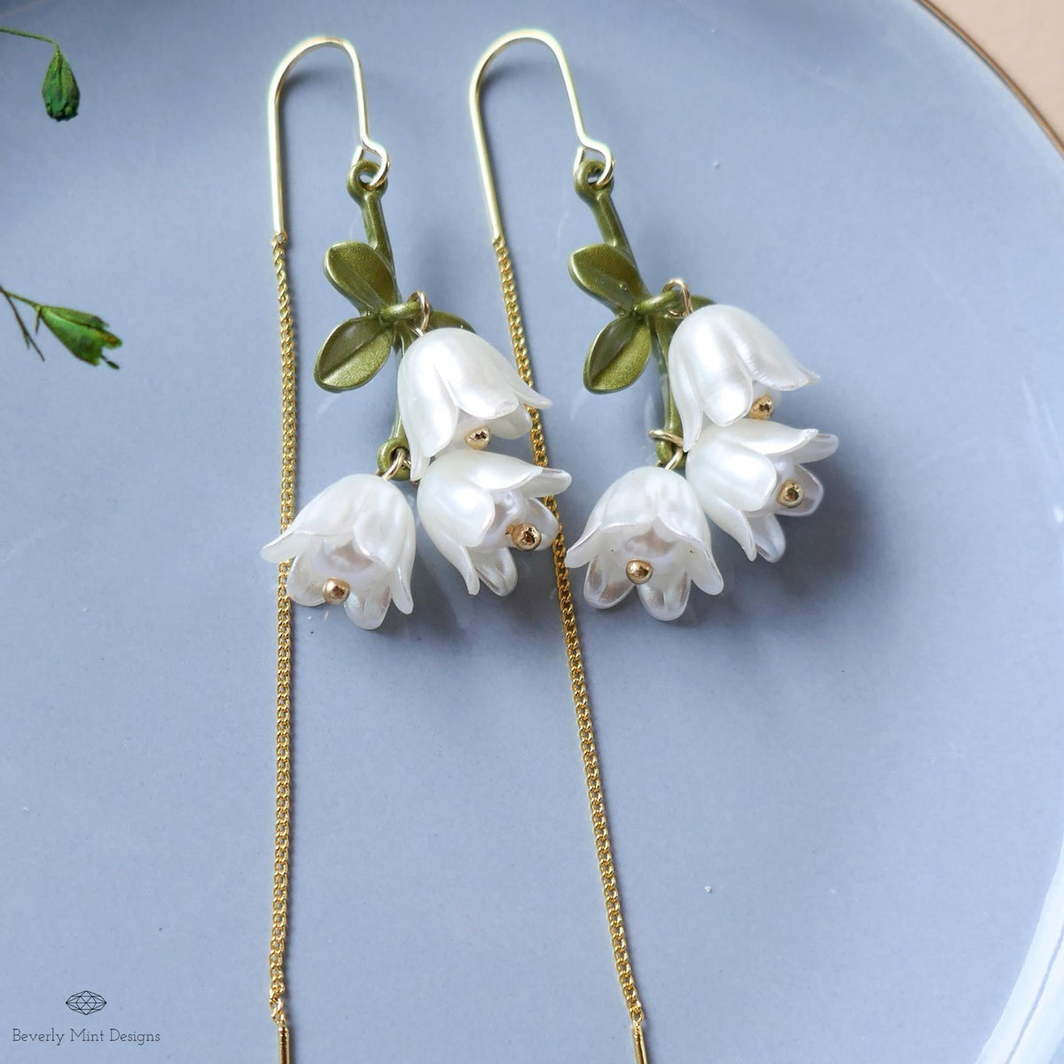 Lily of the Valley Threader Earrings, Nature Inspired Bridal Jewelry, Sensitive Ear & Clip-On Options