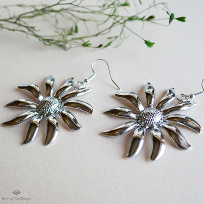 Silver Flower Earrings, Extra Large Statement Earrings, Bold Petal Dangle Earrings, Heavy Floral Jewelry, Sensitive Ear & Clip-On Options