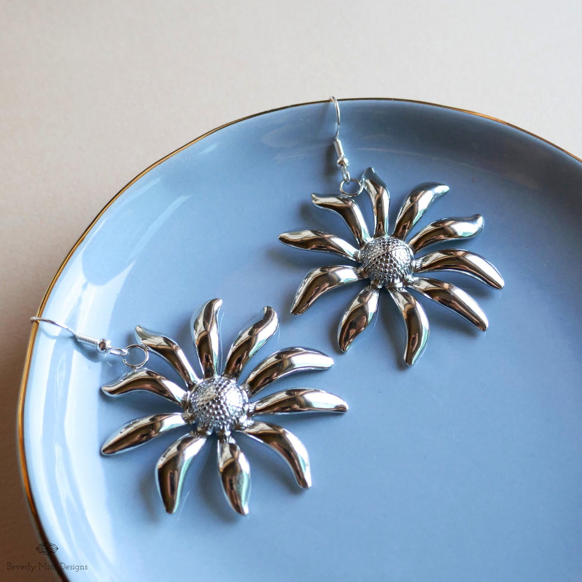 Silver Flower Earrings, Extra Large Statement Earrings, Bold Petal Dangle Earrings, Heavy Floral Jewelry, Sensitive Ear & Clip-On Options