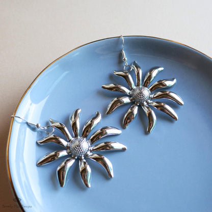 Silver Flower Earrings, Extra Large Statement Earrings, Bold Petal Dangle Earrings, Heavy Floral Jewelry, Sensitive Ear & Clip-On Options