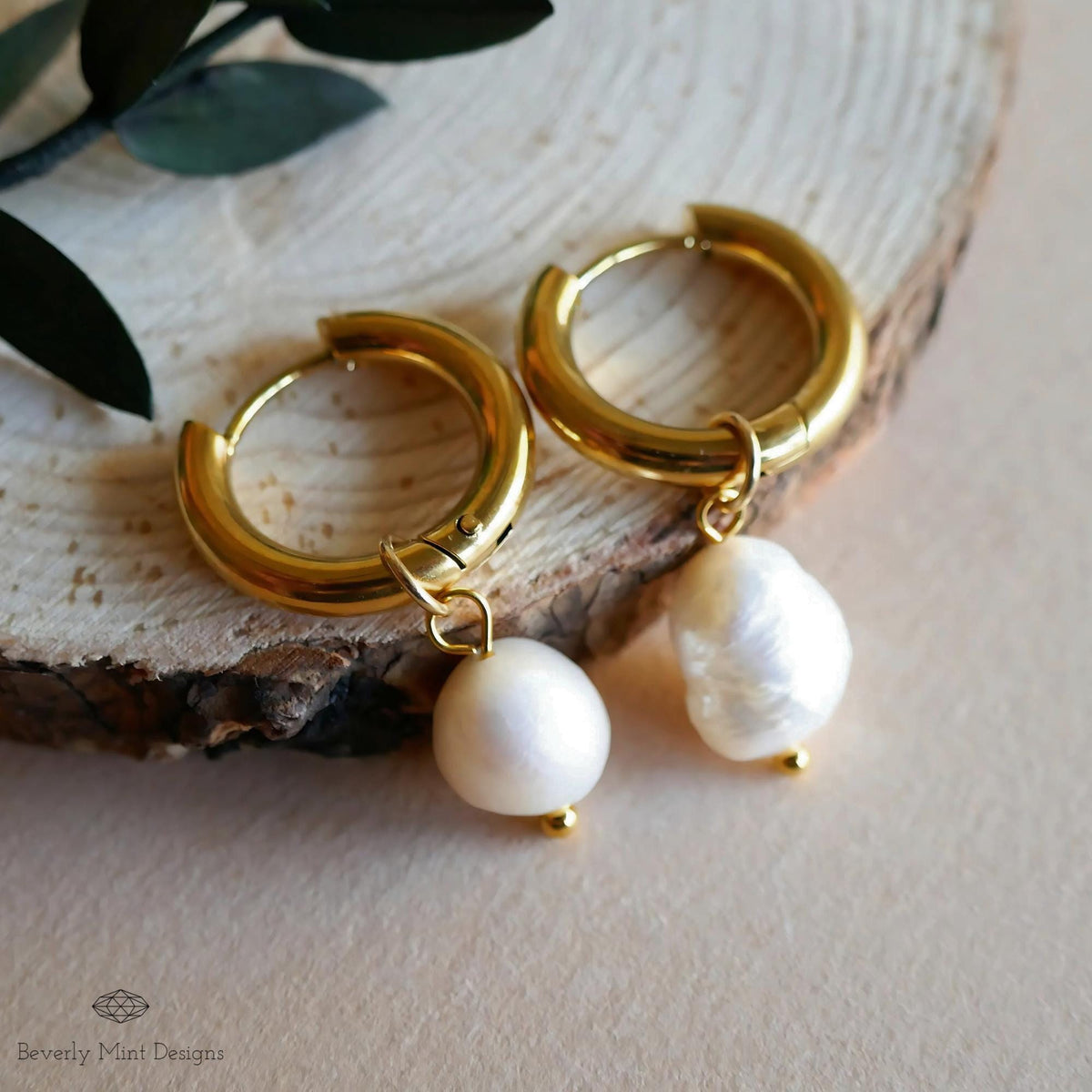 Gold Hoop Earrings with White Baroque Pearl Beads, Minimalist Pearl Dangle Earrings, Elegant Statement Jewelry, Classic