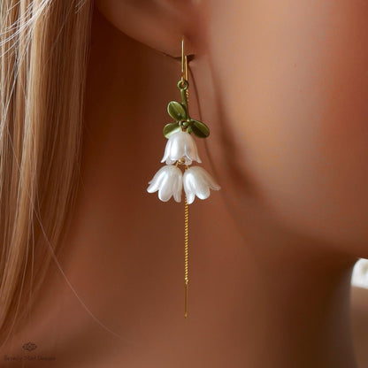 Lily of the Valley Threader Earrings, Nature Inspired Bridal Jewelry, Sensitive Ear & Clip-On Options