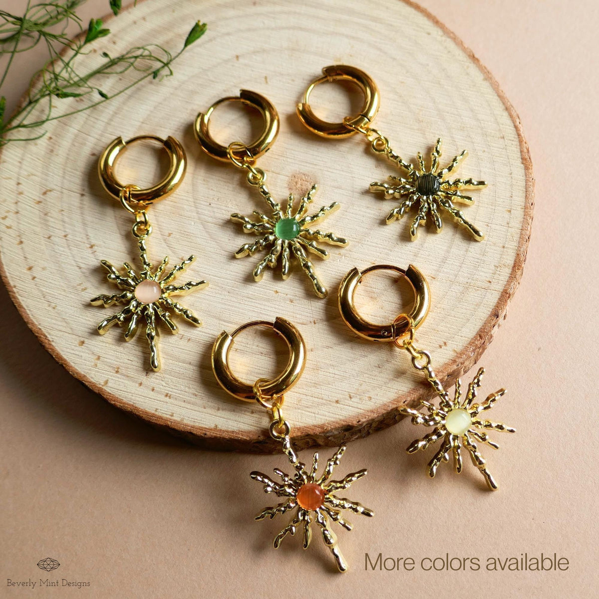 Gold Sunburst Hoop Earrings with Orange Stone, Celestial Statement Jewelry, Chunky Huggie Earrings, Boho Dangle Earrings