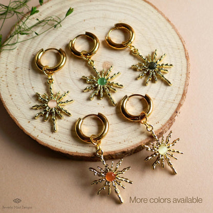 Gold Sunburst Hoop Earrings with Orange Stone, Celestial Statement Jewelry, Chunky Huggie Earrings, Boho Dangle Earrings
