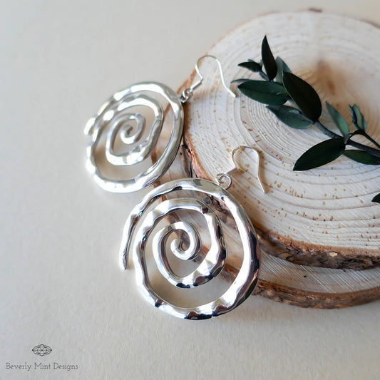 Silver Spiral Earrings, Handmade Hammered Statement Jewelry, Boho Chic Large Silver Earrings, Sensitive Ear & Clip-On Options