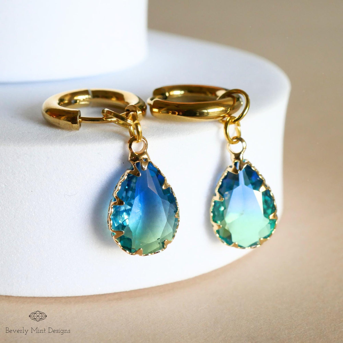 Gold Hoop Earrings with Blue Teardrop Crystal, Gold Huggie Hoop Dangle Earrings, Bridal Earrings, Elegant Earrings, Something Blue Earrings
