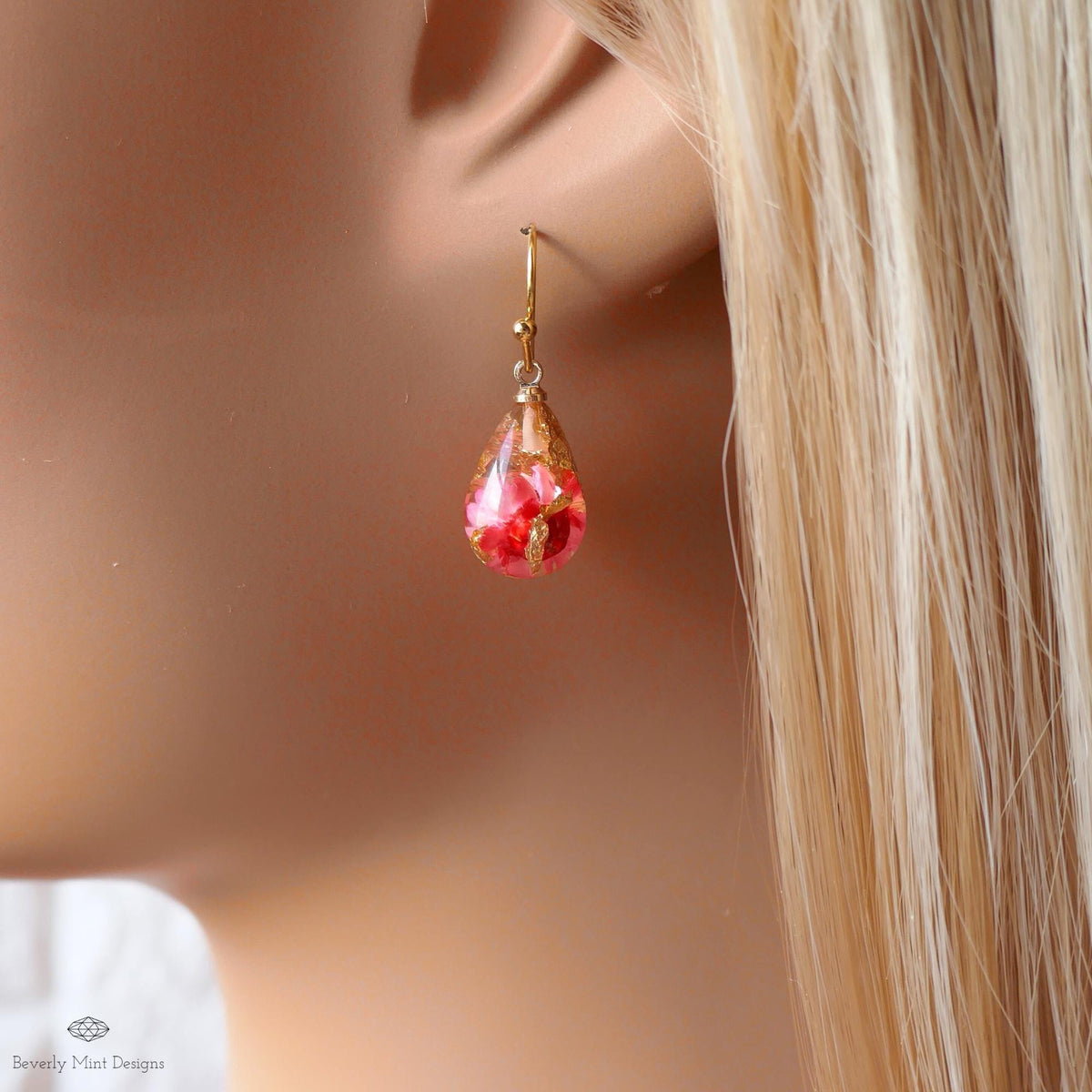 Red Pressed Flower Resin Earrings Teardrop Dangle Earrings Dry Flower Gold Hoop Botanical Jewelry Handmade, Sensitive Ear & Clip-On Options