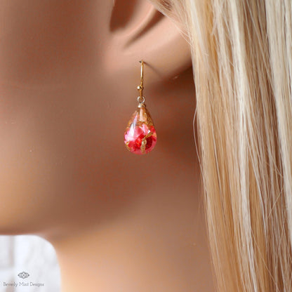Red Pressed Flower Resin Earrings Teardrop Dangle Earrings Dry Flower Gold Hoop Botanical Jewelry Handmade, Sensitive Ear & Clip-On Options