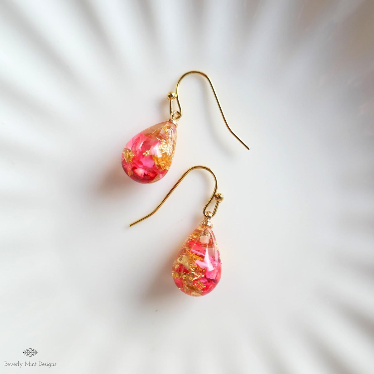 Red Pressed Flower Resin Earrings Teardrop Dangle Earrings Dry Flower Gold Hoop Botanical Jewelry Handmade, Sensitive Ear & Clip-On Options