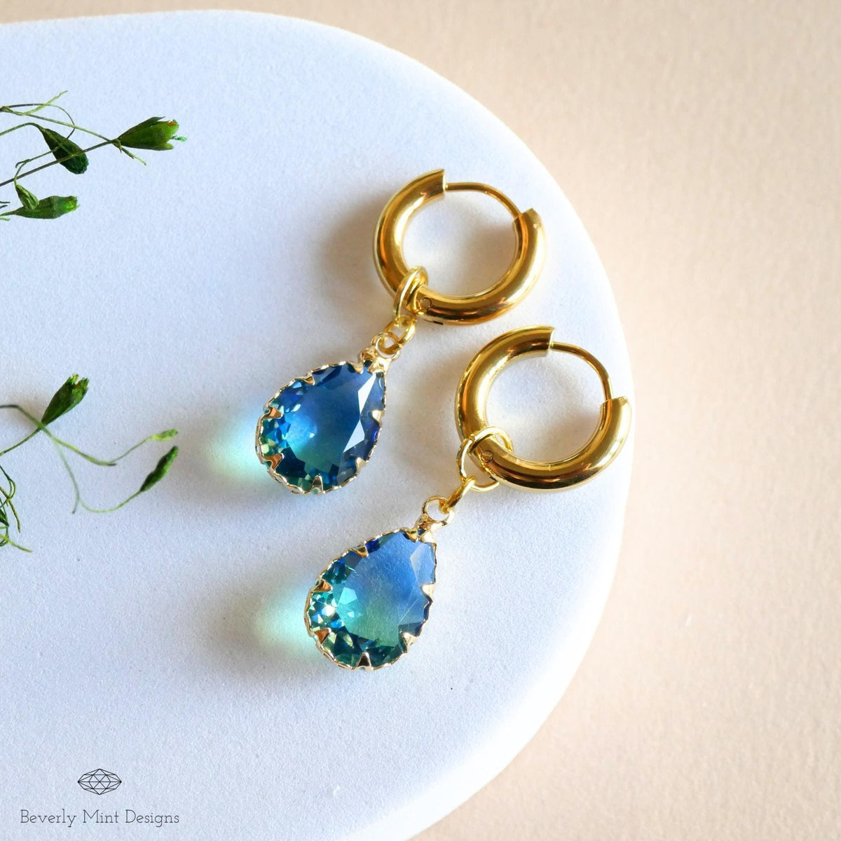 Gold Hoop Earrings with Blue Teardrop Crystal, Gold Huggie Hoop Dangle Earrings, Bridal Earrings, Elegant Earrings, Something Blue Earrings