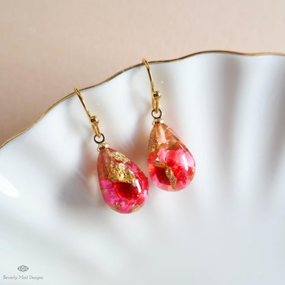 Red Pressed Flower Resin Earrings Teardrop Dangle Earrings Dry Flower Gold Hoop Botanical Jewelry Handmade, Sensitive Ear & Clip-On Options