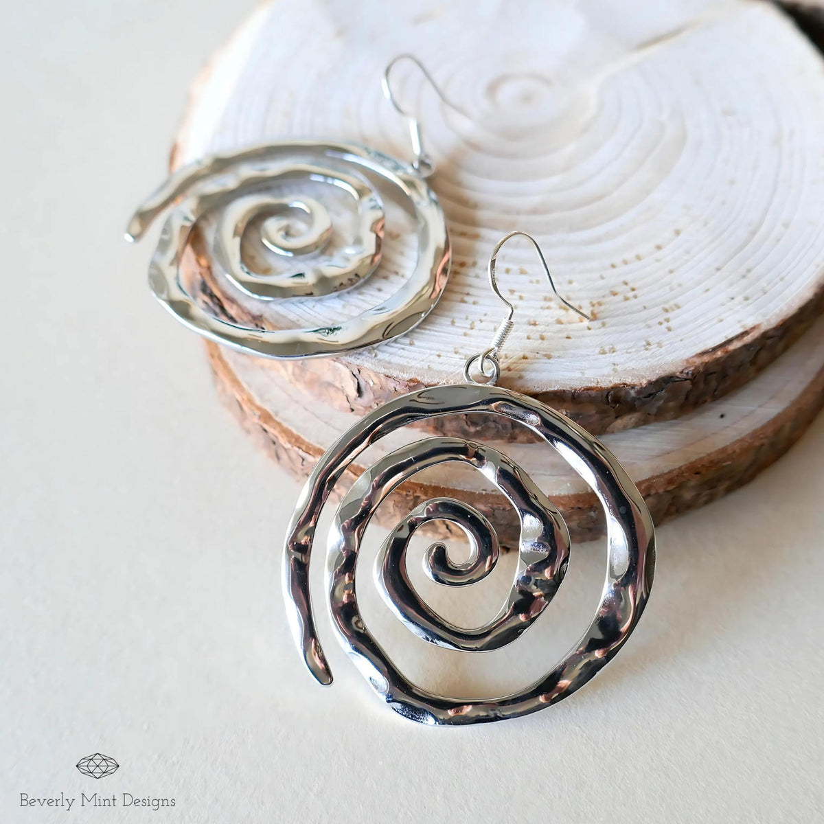 Silver Spiral Earrings, Handmade Hammered Statement Jewelry, Boho Chic Large Silver Earrings, Sensitive Ear & Clip-On Options
