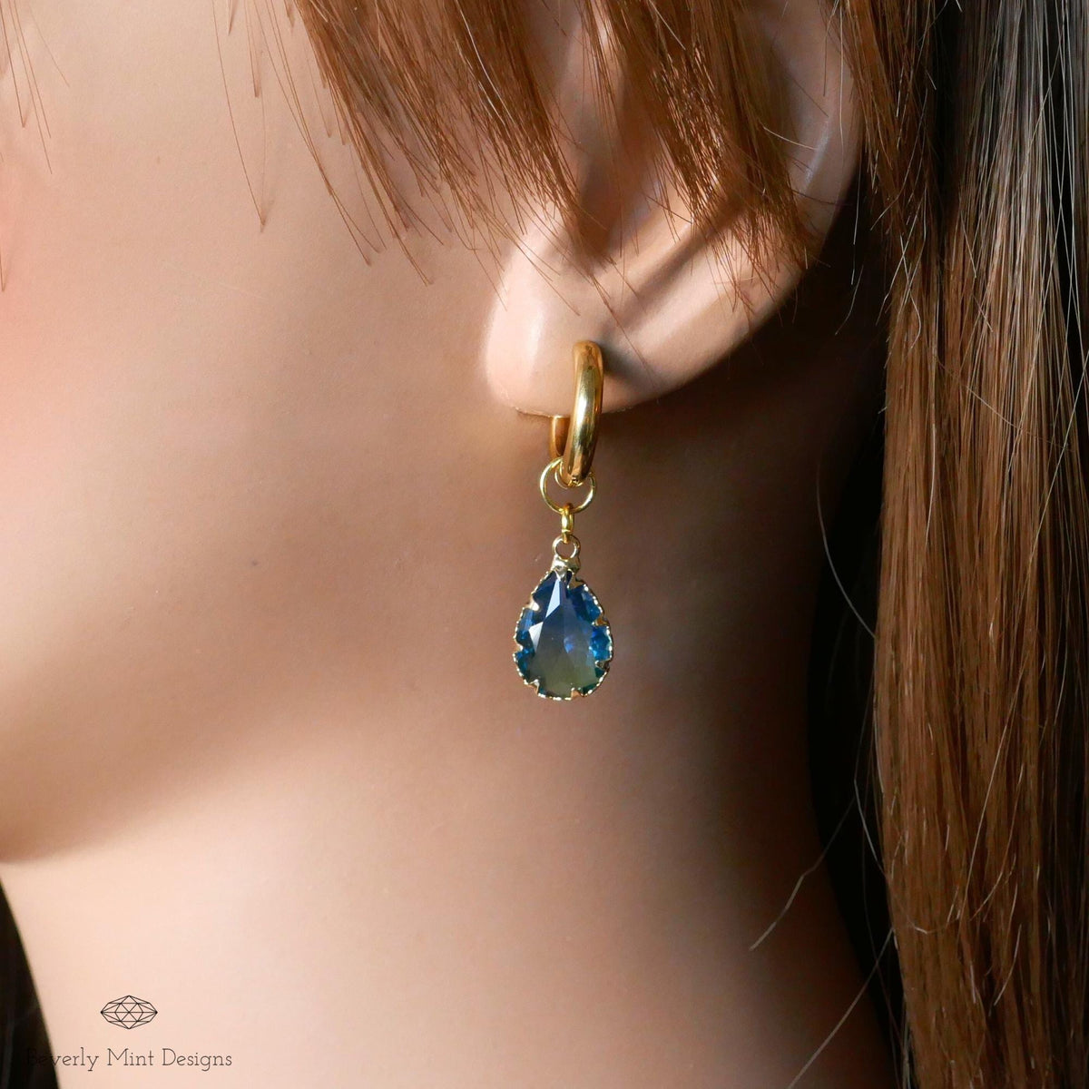 Gold Hoop Earrings with Blue Teardrop Crystal, Gold Huggie Hoop Dangle Earrings, Bridal Earrings, Elegant Earrings, Something Blue Earrings