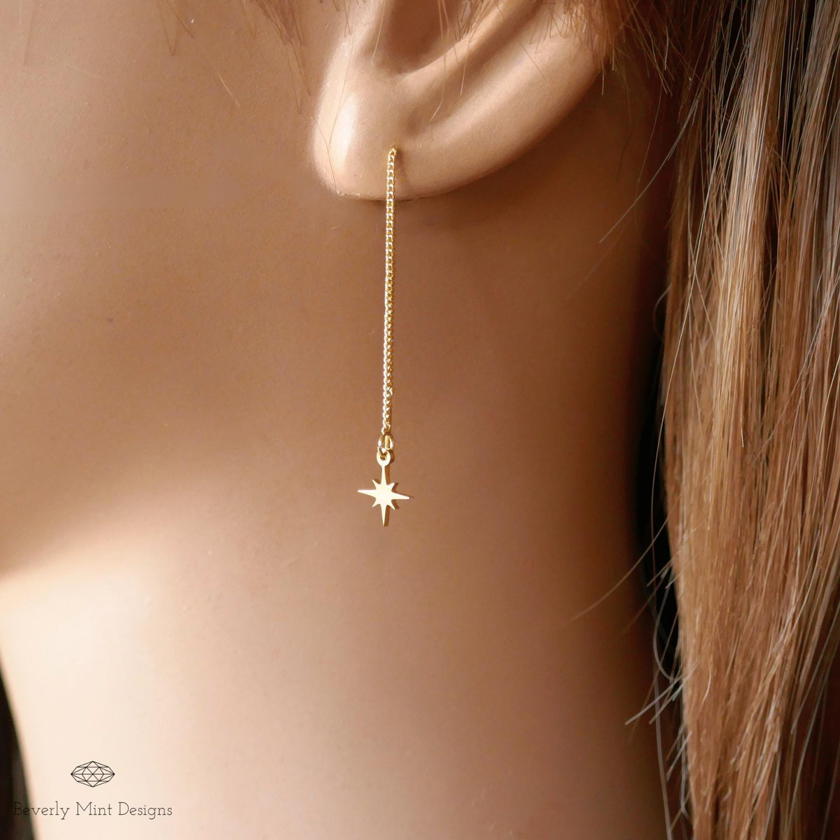 Starburst Threader Earrings, Minimalist 18K Gold Earrings, Dainty Star Earrings, Sensitive Ear & Clip-On Options