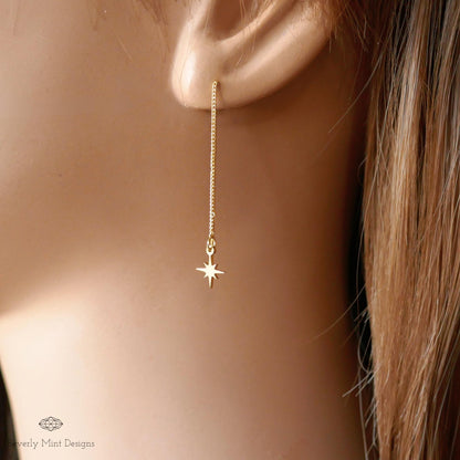 Starburst Threader Earrings, Minimalist 18K Gold Earrings, Dainty Star Earrings, Sensitive Ear & Clip-On Options