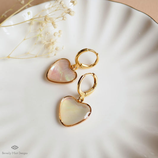 Mother of Pearl Style Heart Hoop Earrings, Gold Dangle Earrings, Romantic , Minimalist Jewelry, Sensitive Ear & Clip-On Options