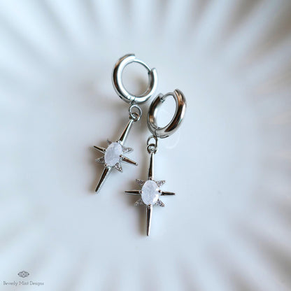 Starburst Small Hoop Earrings, Celestial Drop Earrings,  Silver Star Earrings, , Space Inspired Earrings