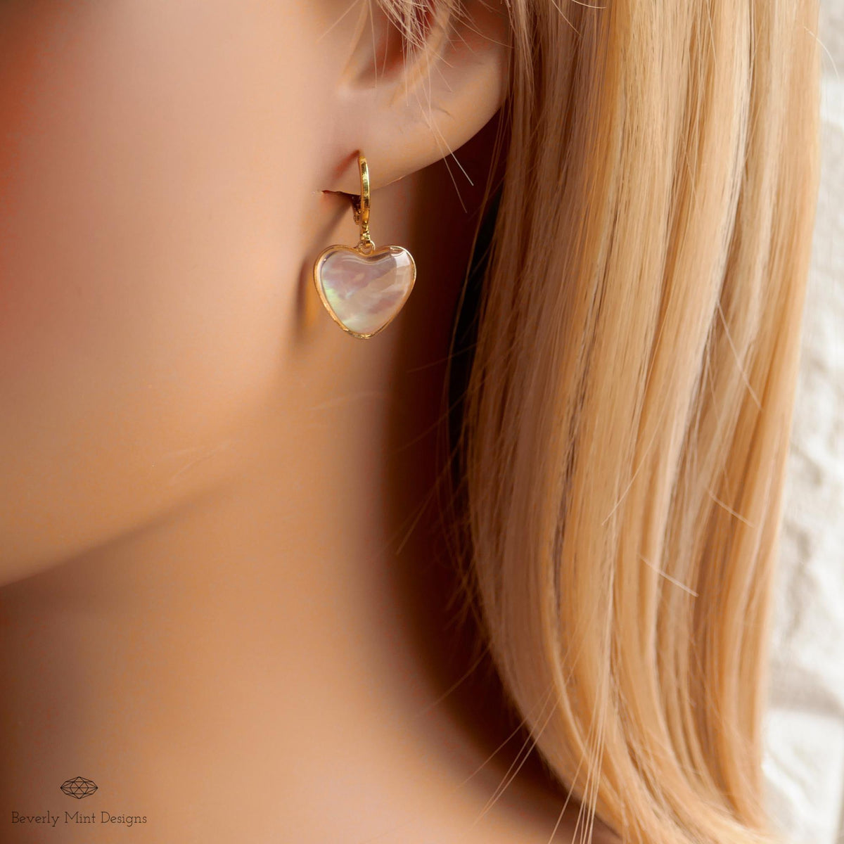 Mother of Pearl Style Heart Hoop Earrings, Gold Dangle Earrings, Romantic , Minimalist Jewelry, Sensitive Ear & Clip-On Options