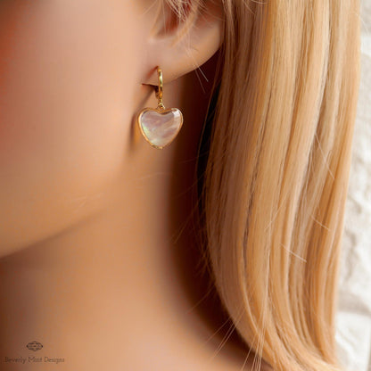 Mother of Pearl Style Heart Hoop Earrings, Gold Dangle Earrings, Romantic , Minimalist Jewelry, Sensitive Ear & Clip-On Options