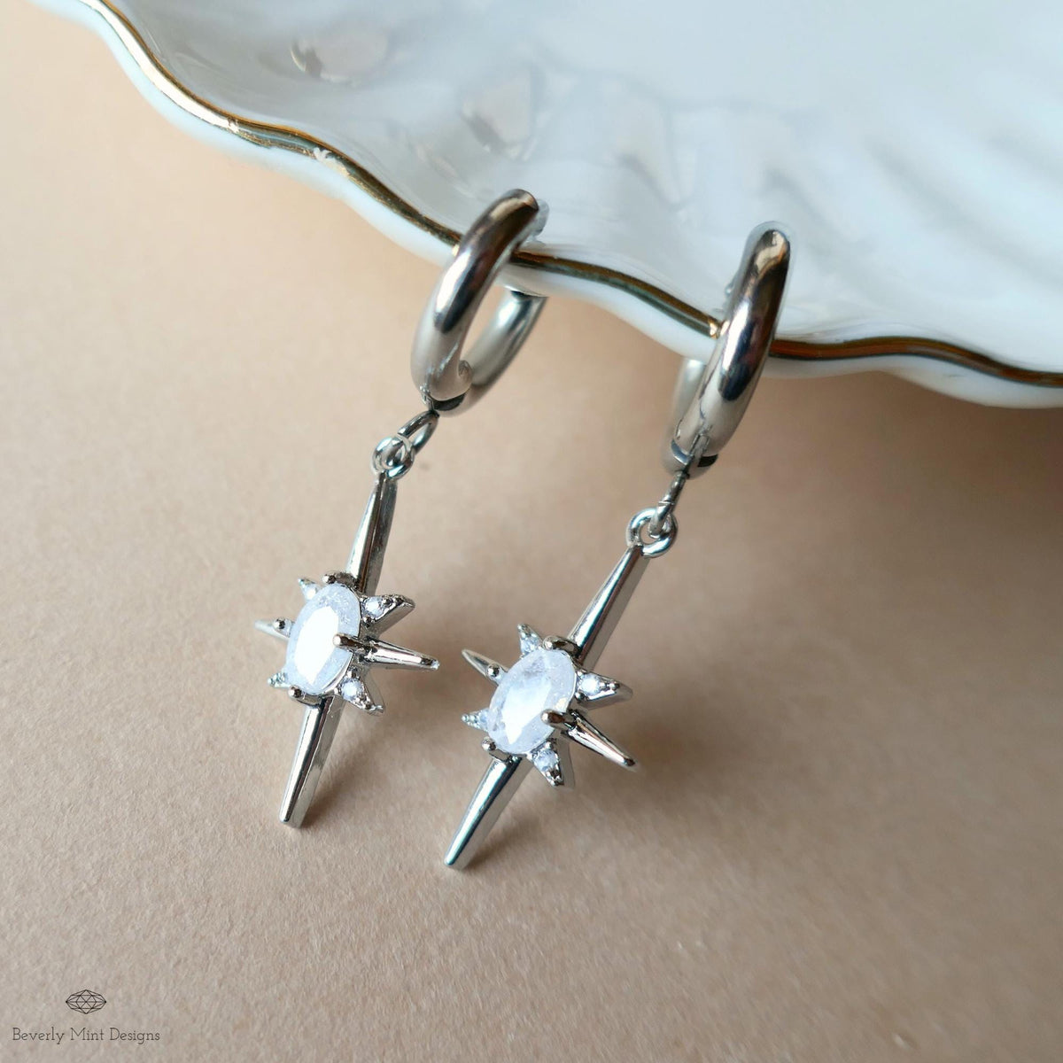 Starburst Small Hoop Earrings, Celestial Drop Earrings,  Silver Star Earrings, , Space Inspired Earrings