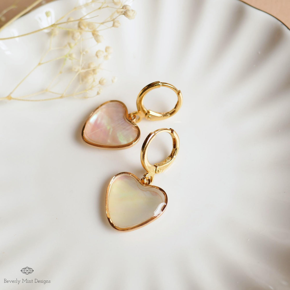 Mother of Pearl Style Heart Hoop Earrings, Gold Dangle Earrings, Romantic , Minimalist Jewelry, Sensitive Ear & Clip-On Options