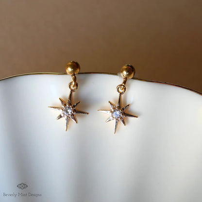 18K Gold Plated Starburst Dangle Earrings, Minimalist Celestial Jewelry