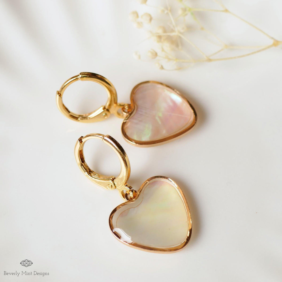 Mother of Pearl Style Heart Hoop Earrings, Gold Dangle Earrings, Romantic , Minimalist Jewelry, Sensitive Ear & Clip-On Options