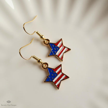 USA Earrings, American Flag Earrings, Red White Blue Star Earrings, USA Patriotic Earrings, Sensitive Ear & Clip-On Options