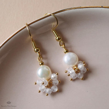 Gold Cluster Drop Earrings, White Pearl and Crystal Earrings, Dainty Jewelry, Pearl Earrings, Elegant, Sensitive Ear & Clip-On Options