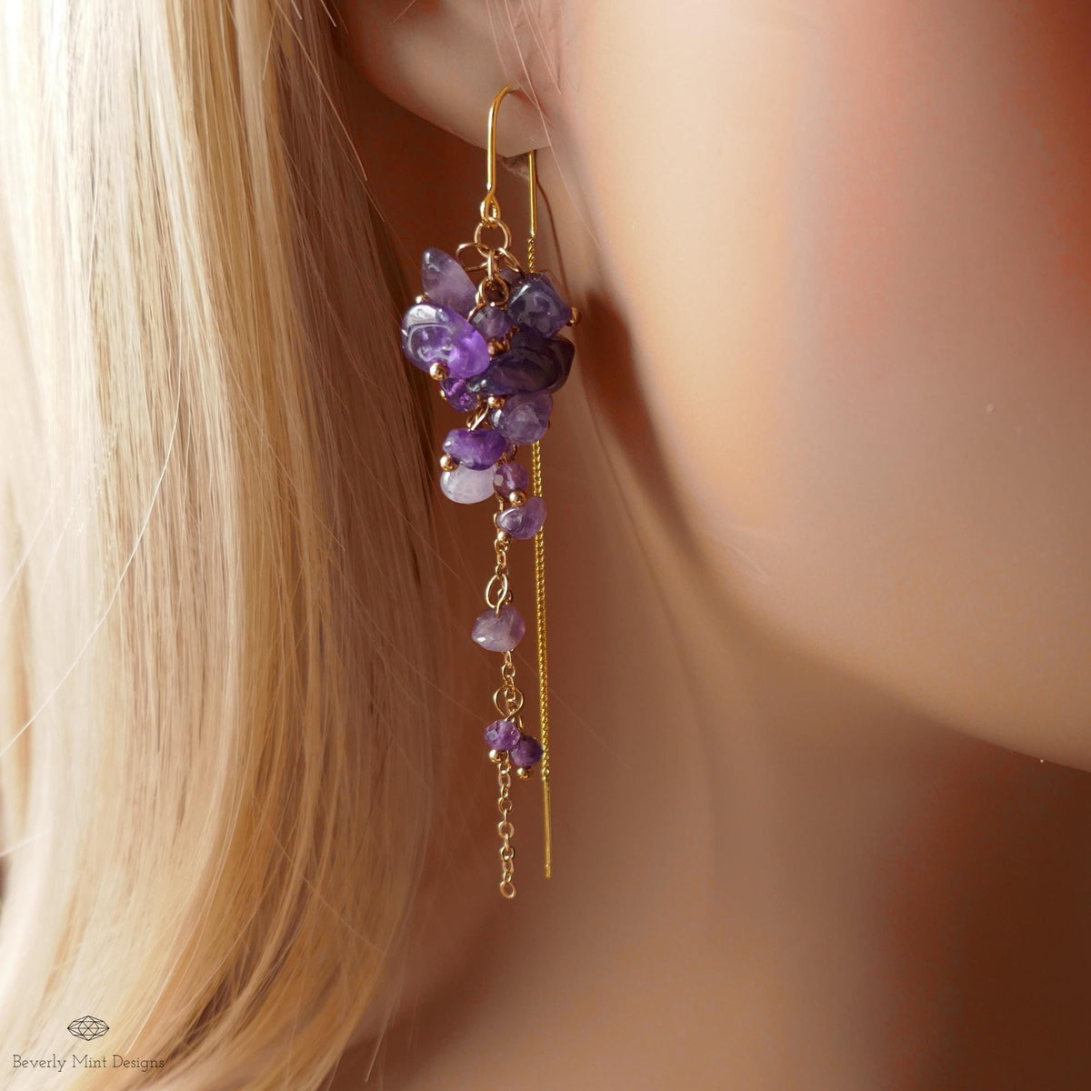 Amethyst Cluster Threader Earrings Gold Chain Dangle Earrings Statement Gemstone Jewelry, Sensitive Ear & Clip-On Options