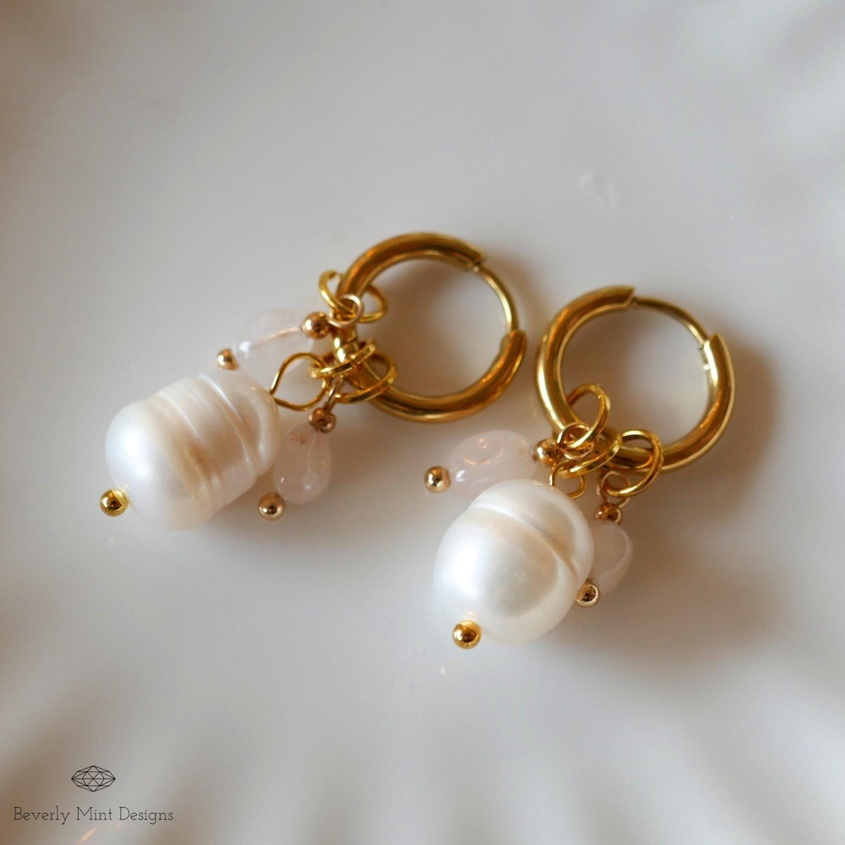 Gold Hoop Earrings with Pearls and Tiny Rose Crystals, Handmade Dangle Jewelry, Gold and Pearl Earrings, Unique Earrings