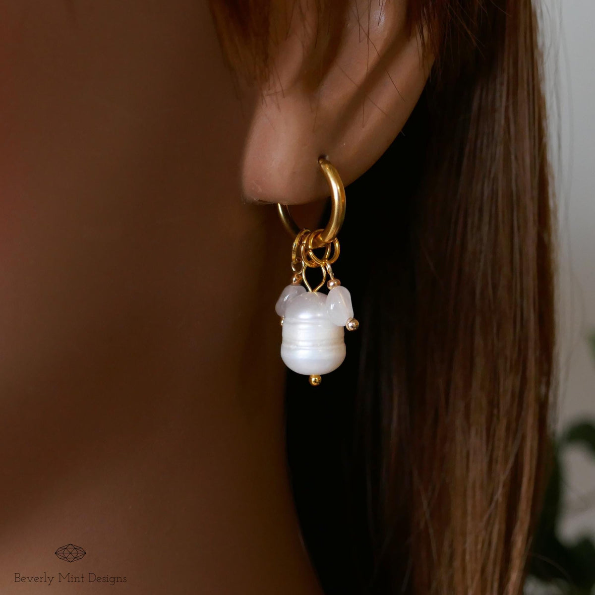 Gold Hoop Earrings with Pearls and Tiny Rose Crystals, Handmade Dangle Jewelry, Gold and Pearl Earrings, Unique Earrings
