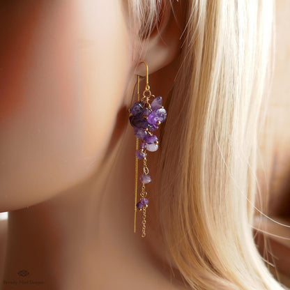 Amethyst Cluster Threader Earrings Gold Chain Dangle Earrings Statement Gemstone Jewelry, Sensitive Ear & Clip-On Options