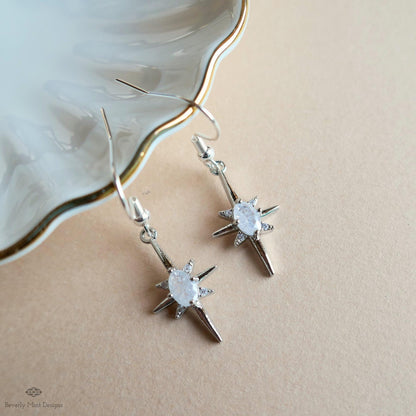 Starburst Earrings, Celestial Drop Earrings, Silver Star Earrings, Cosmic Jewelry , Space Inspired Earrings, Sensitive Ear & Clip-On Options