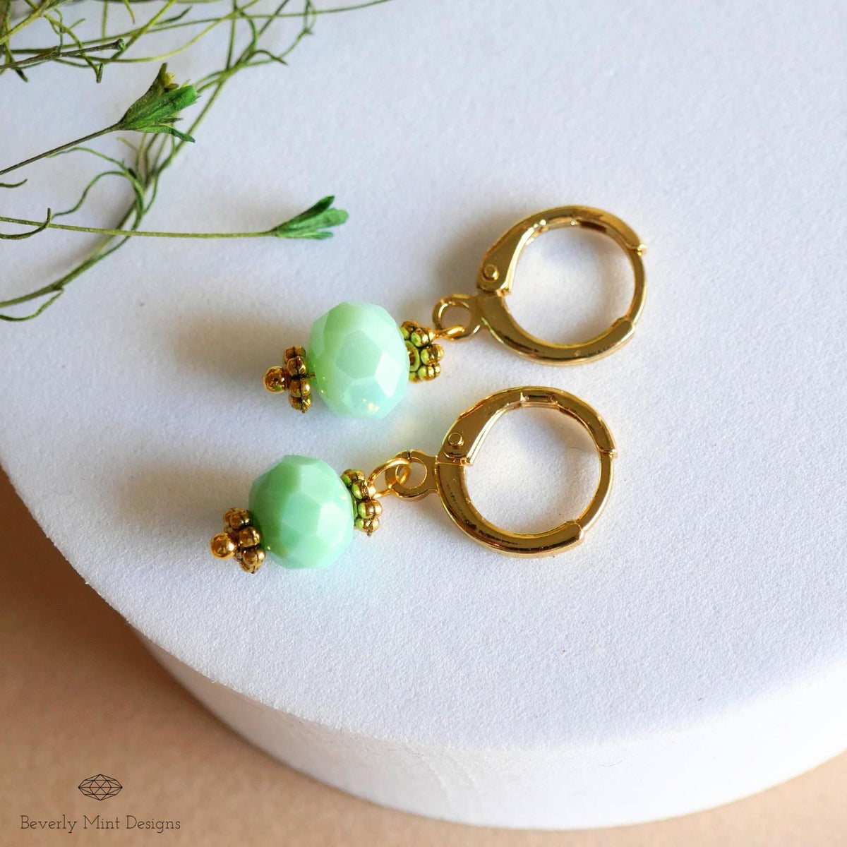 Gold Hoop Earrings with Green Beads ,Handmade Dangle Earrings, Mint Green Elegant Jewelry for Women, Sensitive Ear & Clip-On Options