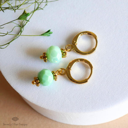 Gold Hoop Earrings with Green Beads ,Handmade Dangle Earrings, Mint Green Elegant Jewelry for Women, Sensitive Ear & Clip-On Options