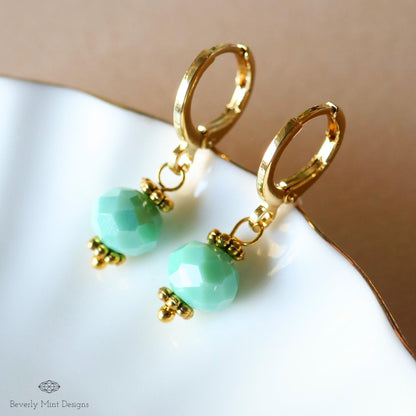 Gold Hoop Earrings with Green Beads ,Handmade Dangle Earrings, Mint Green Elegant Jewelry for Women, Sensitive Ear & Clip-On Options