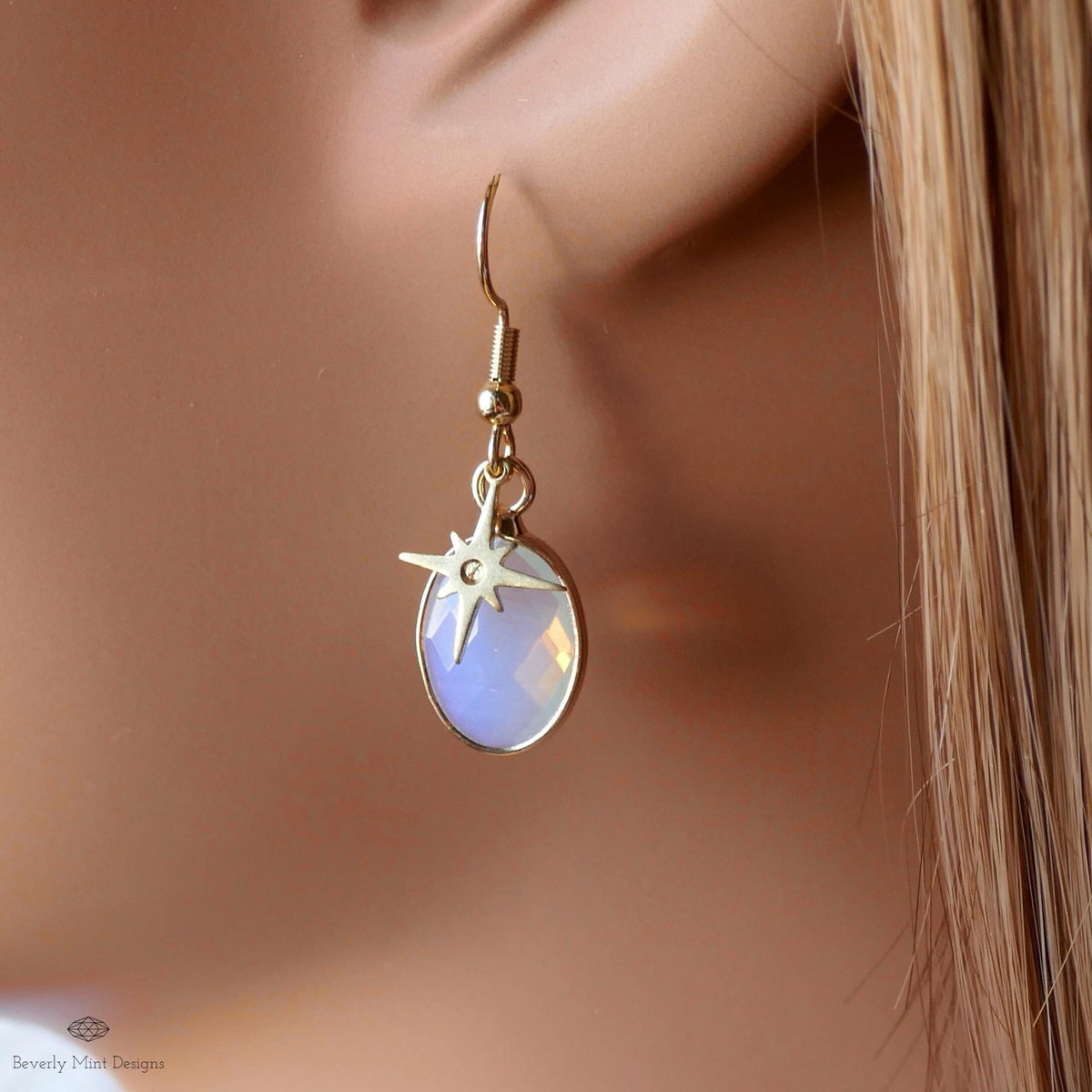 Opalite star earrings, celestial dangle earrings, gold opalite drops, oval opalite jewelry, Sensitive Ear & Clip-On Options