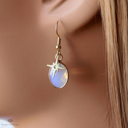 Opalite star earrings, celestial dangle earrings, gold opalite drops, oval opalite jewelry, Sensitive Ear & Clip-On Options