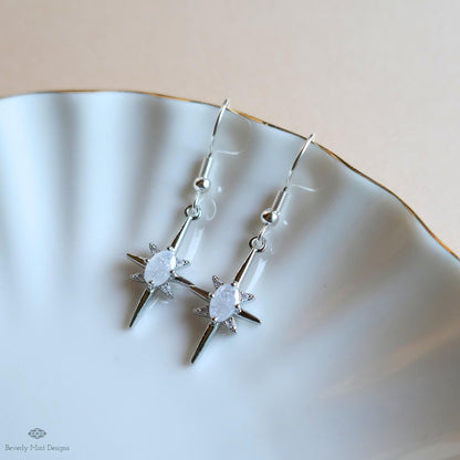 Starburst Earrings, Celestial Drop Earrings, Silver Star Earrings, Cosmic Jewelry , Space Inspired Earrings, Sensitive Ear & Clip-On Options