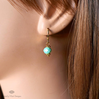 Gold Hoop Earrings with Green Beads ,Handmade Dangle Earrings, Mint Green Elegant Jewelry for Women, Sensitive Ear & Clip-On Options