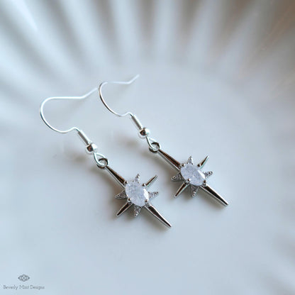 Starburst Earrings, Celestial Drop Earrings, Silver Star Earrings, Cosmic Jewelry , Space Inspired Earrings, Sensitive Ear & Clip-On Options