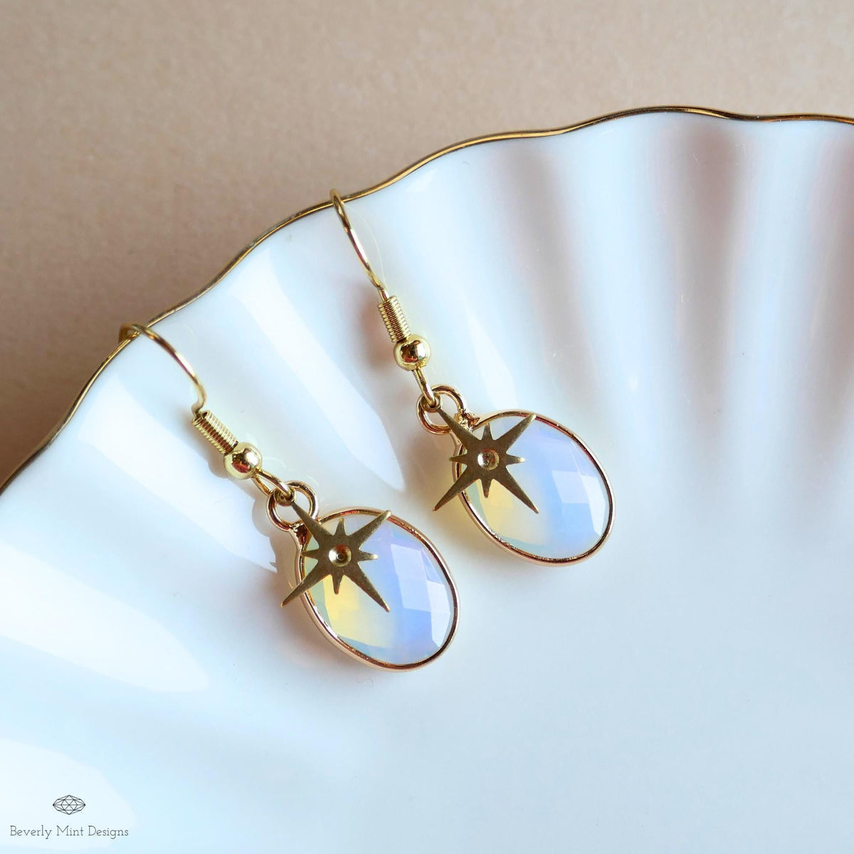 Opalite star earrings, celestial dangle earrings, gold opalite drops, oval opalite jewelry, Sensitive Ear & Clip-On Options
