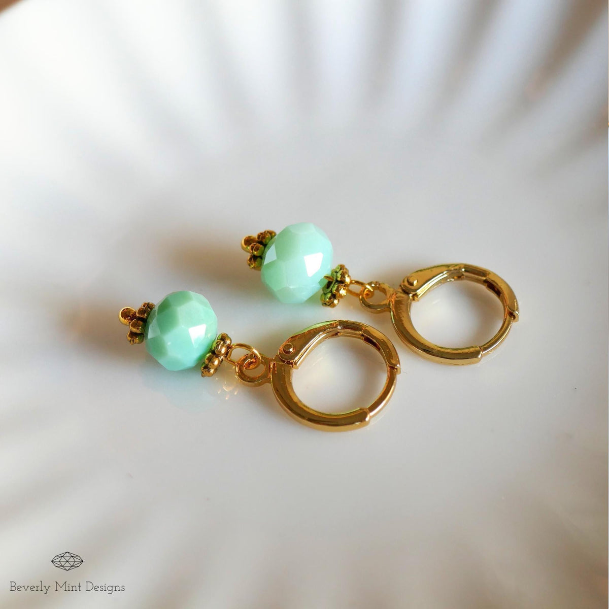 Gold Hoop Earrings with Green Beads ,Handmade Dangle Earrings, Mint Green Elegant Jewelry for Women, Sensitive Ear & Clip-On Options