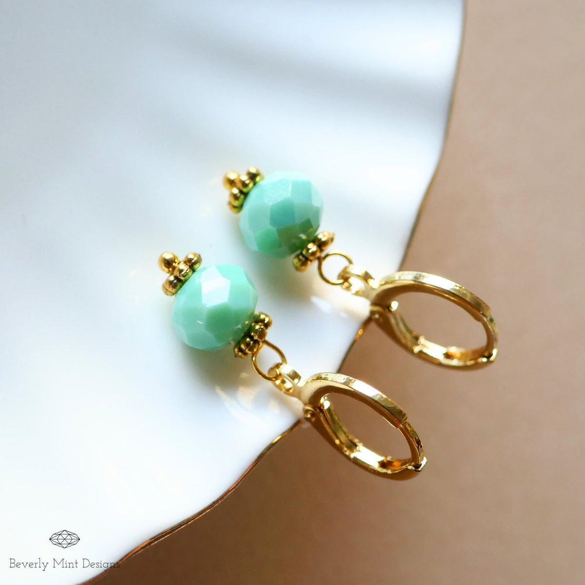 Gold Hoop Earrings with Green Beads ,Handmade Dangle Earrings, Mint Green Elegant Jewelry for Women, Sensitive Ear & Clip-On Options