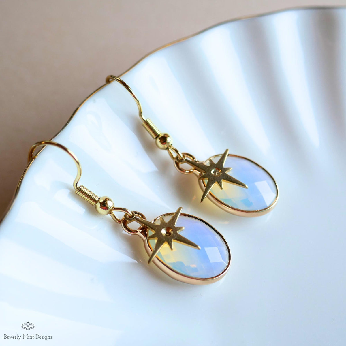 Opalite star earrings, celestial dangle earrings, gold opalite drops, oval opalite jewelry, Sensitive Ear & Clip-On Options