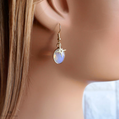Opalite star earrings, celestial dangle earrings, gold opalite drops, oval opalite jewelry, Sensitive Ear & Clip-On Options